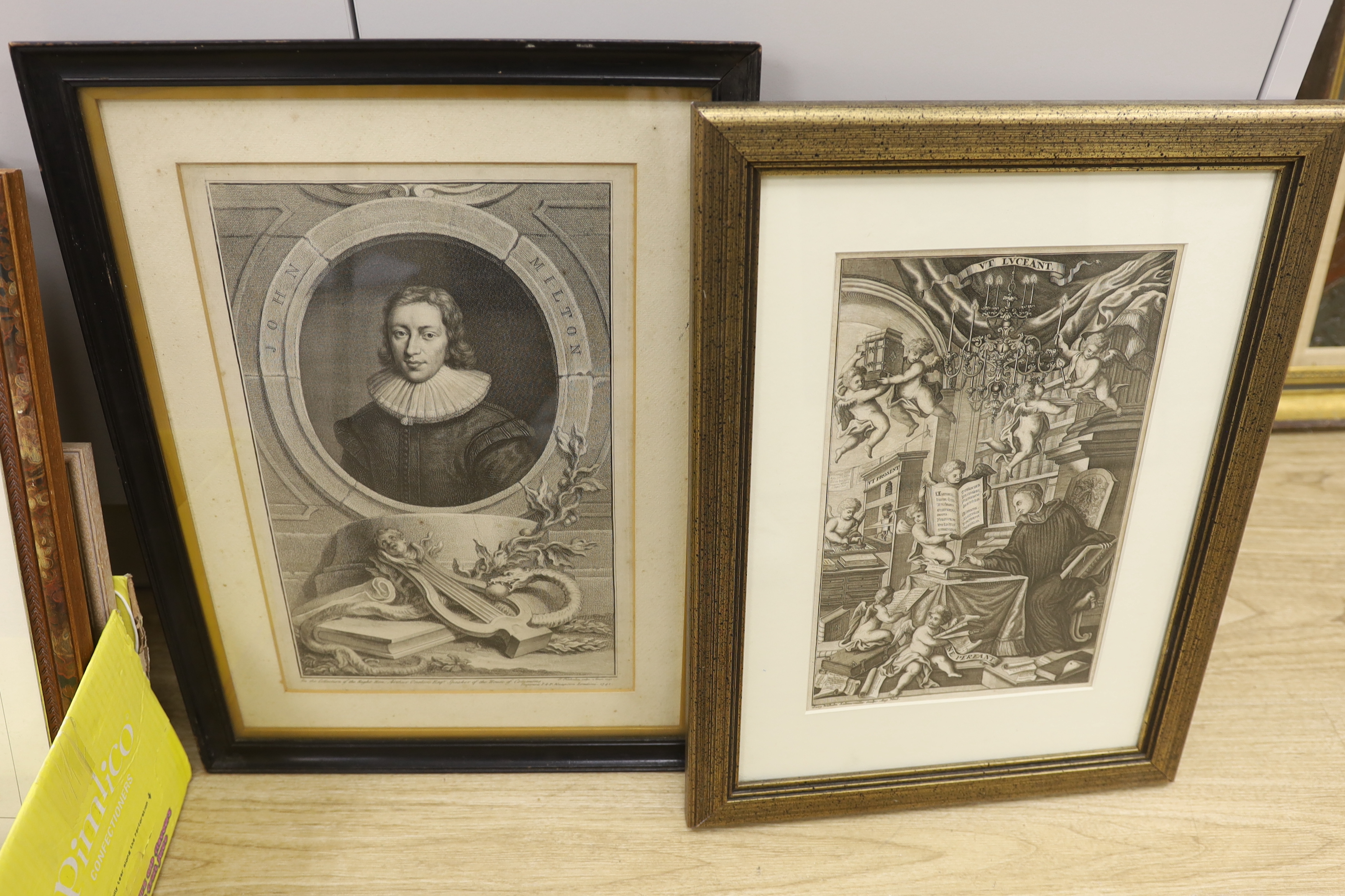 Seven 18th century and later prints & engravings, including after Piranesi, pair of hand coloured examples, comprising ‘Veduta Del Pantheon D'Agrippa’ and ‘Piazza Navona’ and after Jacobus Houbraken (1698-1780), Portrait